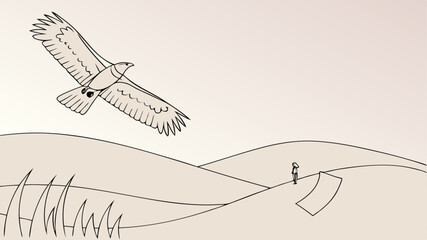 Illustration of a flying eagle over rolling hills with a person and grass in a landscape drawing