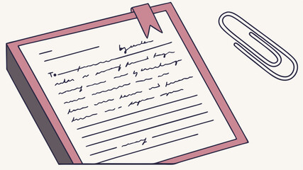Illustration of a letter on a clipboard with a bookmark and a paperclip on a white background