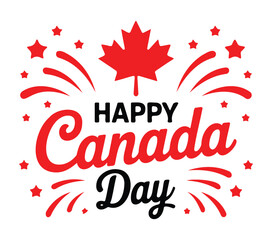 Festive "Happy Canada Day" Graphic with Red Maple Leaf and Fireworks
