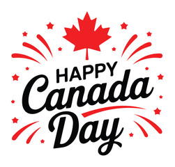 Festive "Happy Canada Day" Calligraphy with Red Maple Leaf and Fireworks
