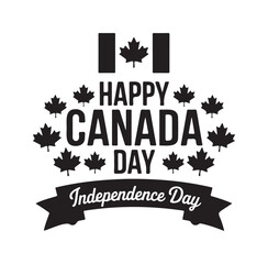 Happy Canada Day Emblem with Flag, Maple Leaves, and Independence Day Banner - Monochrome

