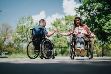 A couple in wheelchairs sharing a joyful moment outside beneath the clear sky, symbolizing love,...