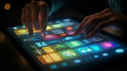 Hands interacting with a glowing futuristic tablet interface.  Dynamic graphical elements