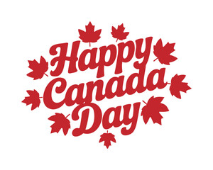Happy Canada Day Red Retro Lettering  Canadian Holiday with Maple Leaves Vector
