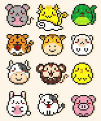 Cute pixel bead icons of 12 Chinese zodiac animals. Colorful, simple, and fun cartoon design for kids, culture projects, or decorative use.