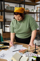 Creative woman engaged in artistic design and expression in a vibrant art studio space
