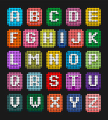 Colorful pixel bead alphabet vector design, featuring A to Z capital letters in vibrant backgrounds. Perfect for educational materials, kids crafts, games, and playful graphic projects.