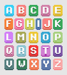 Colorful pixel bead alphabet vector design, featuring A to Z capital letters in vibrant backgrounds. Perfect for educational materials, kids crafts, games, and playful graphic projects.