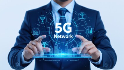 Business Professional Interacting with 5G Network Technology