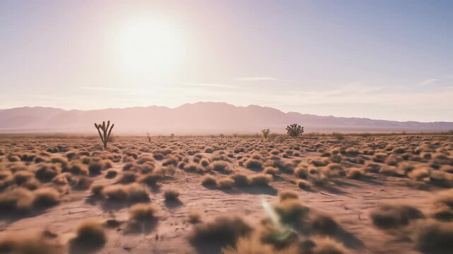  Desert Landscape Aerial: Joshua Trees, Mountains, and Golden Sunlight