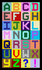 Colorful pixel bead alphabet with A to Z letters and punctuation symbols. Cute and fun digital style for kids craft, learning tools, or retro design.
