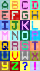 Colorful pixel bead alphabet with A to Z letters and punctuation symbols. Cute and fun digital style for kids craft, learning tools, or retro design.