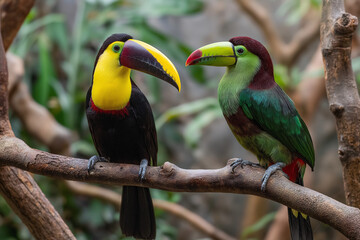 Fototapeta premium Two toucans perched on tree branches, toucan