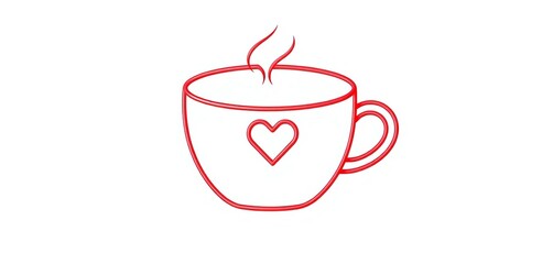 Red line icon of a steaming hot coffee or tea cup with a heart shape on white background, warm, vector