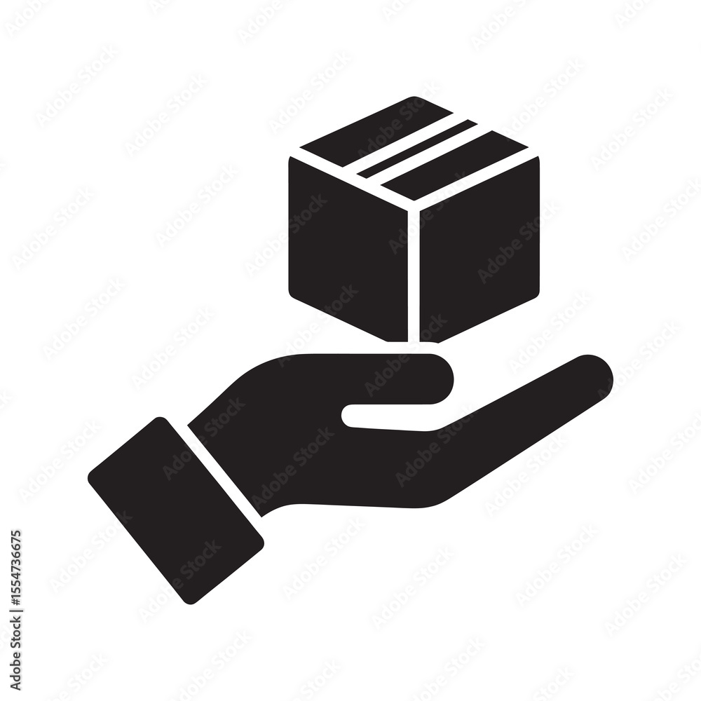 Poster hand holding a box icon representing delivery service package handling and receiving a parcel from a
