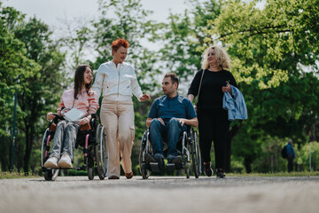 A group of diverse people, including wheelchair users, talking and spending time together in a...