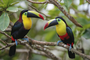 Fototapeta premium Two toucans perched on tree branches, toucan