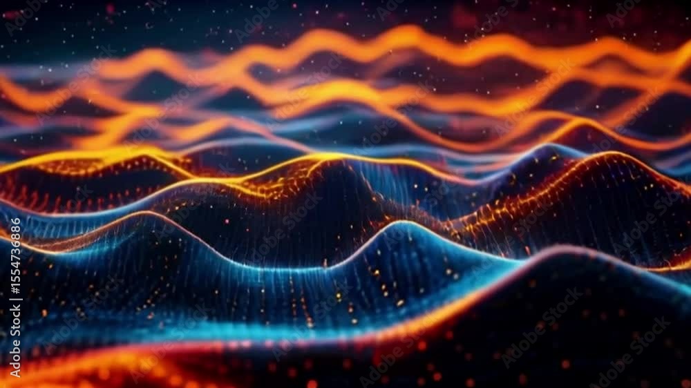 Poster abstract digital landscape with flowing orange and blue light waves, creating a dynamic and futurist