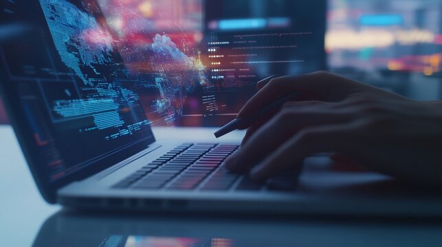 Hands on laptop, world data visualization, abstract design