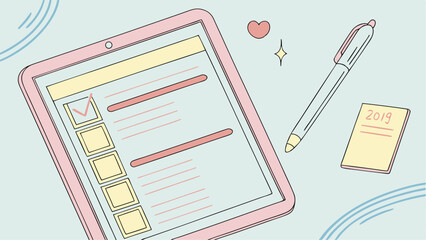 Illustration of a pink tablet with a checklist, a pen, and a small notepad with the year written