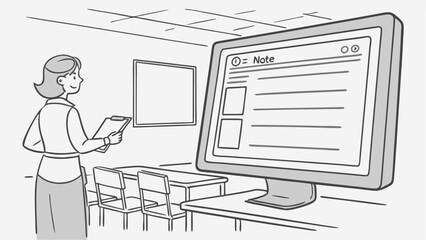 Teacher with clipboard in classroom looking at a computer screen displaying a note application view
