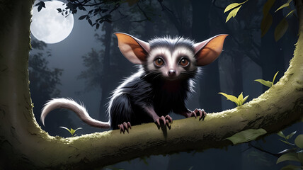 An aye aye is on a tree branch