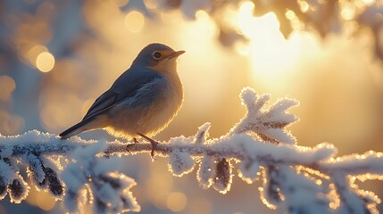 A robin perches on a frost-covered tree branch, back-lit by golden sunlight, creating a serene and ethereal winter scene with soft bokeh