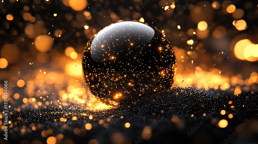 Poster glowing sphere with bokeh lights on textured surface a captivating abstract art with black and gold 