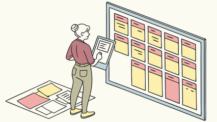 Woman reviewing tasks on a kanban board with sticky notes and documents for project management tasks