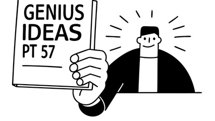 Person holding a book titled genius ideas pt 57 with radiating lines above their head in black and white