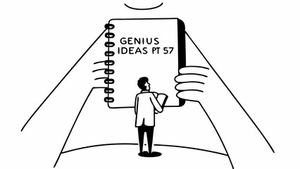 Illustration of a person looking at a notebook labeled genius ideas pt held by large hands above them