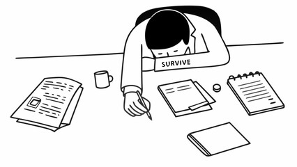 A person with the word survive on their arm is asleep at their desk surrounded by papers and a coffee cup