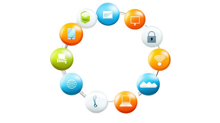 Colorful Technology Icons in Circular Arrangement Representing Digital Communication and Connectivity