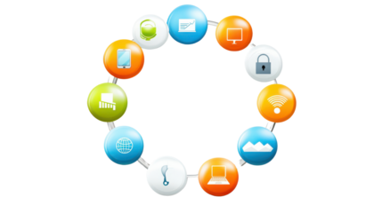 Colorful Technology Icons in Circular Arrangement Representing Digital Communication and Connectivity