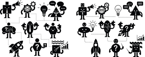 Business concept illustration with characters for problem solving, communication, and success