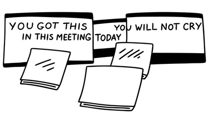 Hand drawn illustration of meeting affirmations with text and paper stacks in black and white style