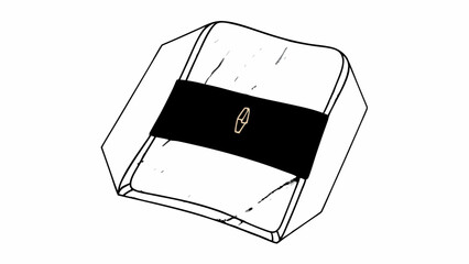 Sketch of a wrapped package with a black band and emblem in a minimalist style illustration art