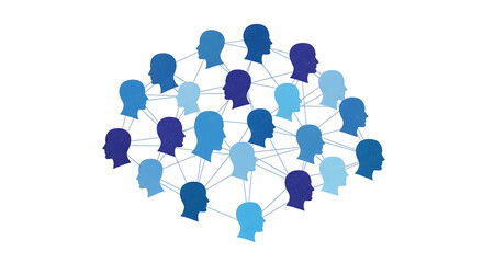 Connected blue head silhouettes forming a network. Brainstorming, communication, and social media concept on transparent background.
