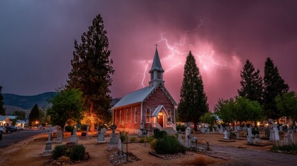 Naklejka premium Church Lightning Stormy Sky: Graveyard Tranquility in Nature's Romantic Fury