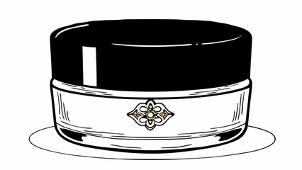 Illustration of a cosmetic cream jar with black lid and decorative emblem on the container side