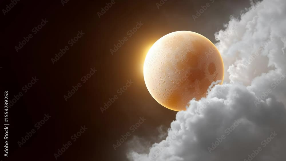 Poster celestial moon illuminated by soft light, partially obscured by fluffy clouds, creating a mystical a