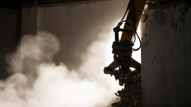 Demolition robot breaking concrete wall, dust cloud rising, construction site
