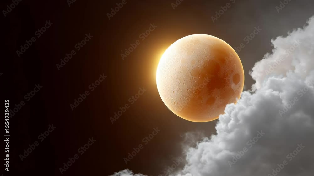 Poster celestial scene featuring a glowing orange moon partially obscured by soft clouds against a dark sky