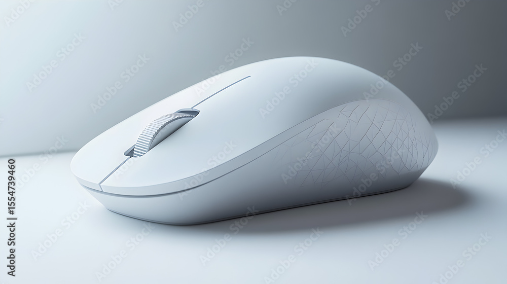 Poster a modern white computer mouse with a sleek ergonomic design placed on a smooth white surface for a m
