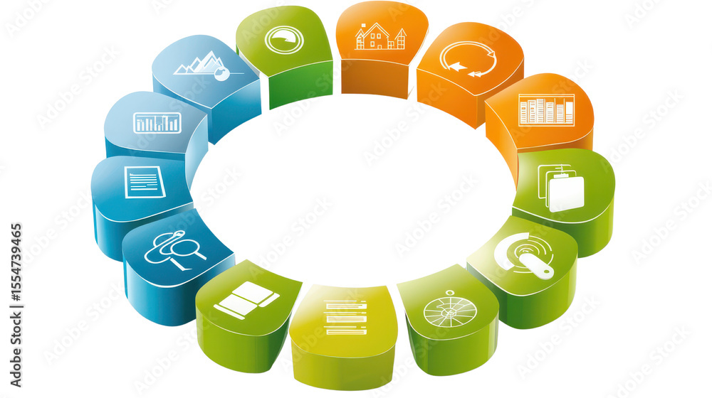 Poster colorful graphic illustrating circular process with various icons related to data and analysis