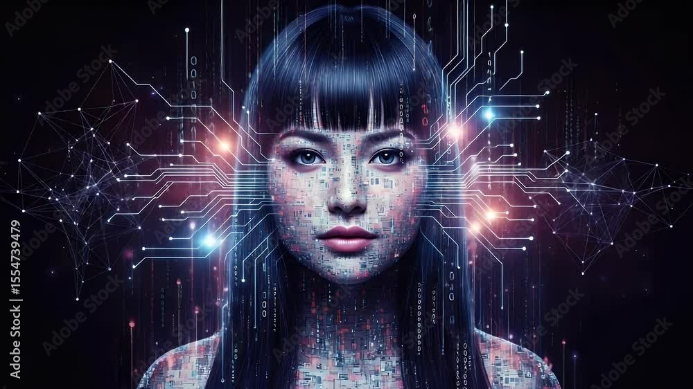 Poster futuristic portrait of a woman with digital overlay lines of code in dark background with cool tones