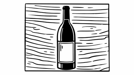 Black and white illustration of a wine bottle on a wooden surface with a rectangular frame around it