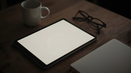 A minimalist financial workspace with a blank tablet screen, warm lighting, and cozy desk elements.