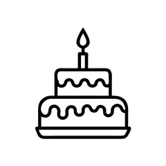Minimalist black outline vector icon of a birthday cake with candle, symbolizing celebration, birthday parties, and festive occasions. Clean design on a transparent background.