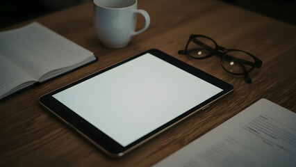 A minimalist financial workspace with a blank tablet screen, warm lighting, and cozy desk elements.